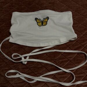 SHEIN White Strapless Tube Top with Yellow Butterfly Embroidery
